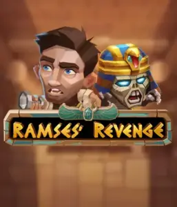 Uncover the mysterious world of Ramses' Revenge slot by Relax Gaming, showcasing a surprised explorer and a fierce mummy against an Egyptian tomb backdrop. This graphic captures the excitement of ancient Egyptian myths, great for fans of Egyptian-themed slots, offering a captivating adventure. 